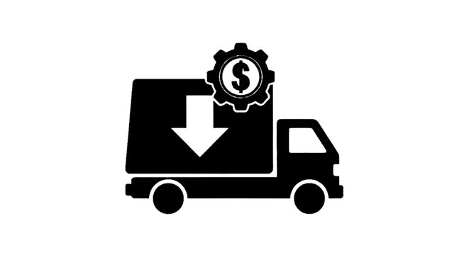 Minimal black silhouette icon, simple flat vector, bold black shape, no, no shading delivery truck icon with dollar sign gear symbol for logistics cost reduction on a, flat icon style