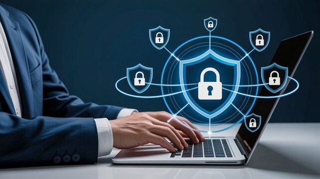Cybersecurity Network: A businessman in a suit types on a laptop, surrounded by glowing digital shields and padlock icons representing a secure network and data protection.