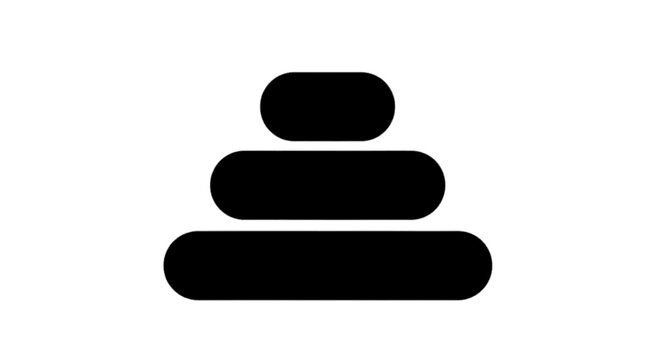 Minimal black silhouette icon, simple flat vector, bold black shape, no, no shading simple pyramid icon with three stacked rounded rectangular layers on a, flat icon style