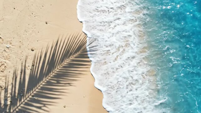 abstract sand beach with palm leaf shadow and blue water wave from above, summer vacation outdoors in tropical paradise nature, background with space, modern summer design, seasonal promotion, natural