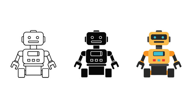 Cute robot character icons in outline solid and colorful styles for technology and artificial intelligence branding