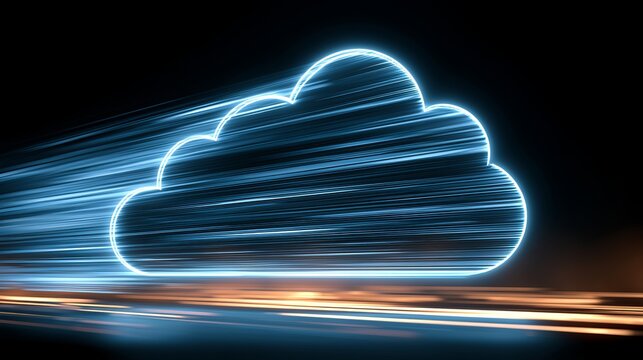 A glowing blue cloud icon with neon lines and speed motion blur in the dark background