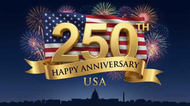 America 250 th anniversary banner USA flag fireworks gold number ribbon celebration. Fourth july independence freedom. american united state us, patriotic anniversary celebration