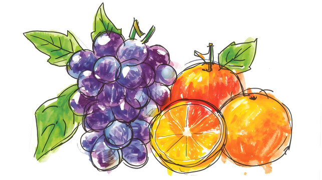 A vibrant watercolor illustration of a bunch of dark purple grapes next to two oranges, one of which is sliced in half.