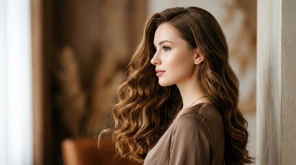 Fototapeta premium Portrait of a beautiful young woman with long wavy brown hair