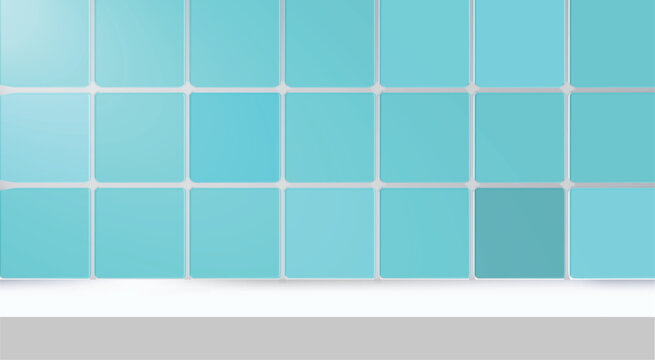  Realistic  PNG kitchen or bathroom scene with white table and blue tile background. Realistic room with shelf for product display