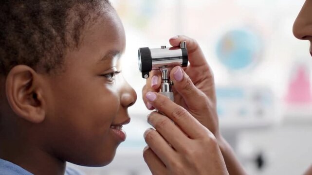 Doctor examining a young boys ear with an otoscope