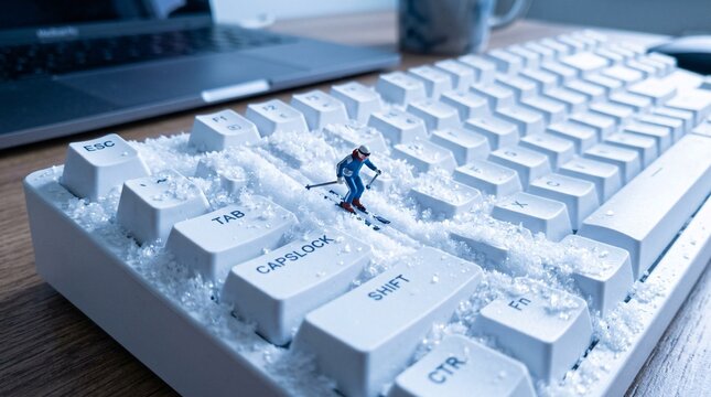 Skier on Keyboard: Winter Office Concept