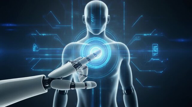 Futuristic human figure glowing with chest interface, robotic hand reaching toward illuminated circle, holographic data patterns surrounding, abstract visualization of AI-human interaction and medical