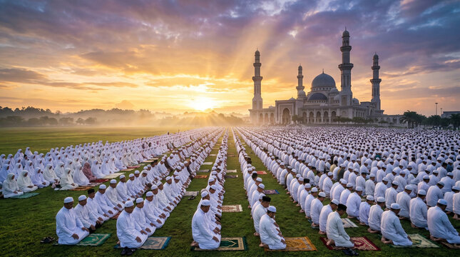 Muslim congregational Eid al-Adha prayer on green field at sunrise with grand mosque background