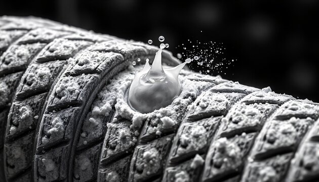 xtreme macro of sweat impacting a chalk-coated knurled steel barbell.