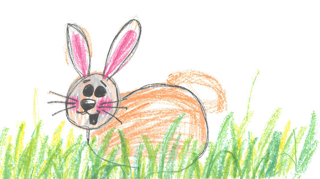 Child's crayon drawing of a cute brown rabbit with pink ears peeking out from green grass.
