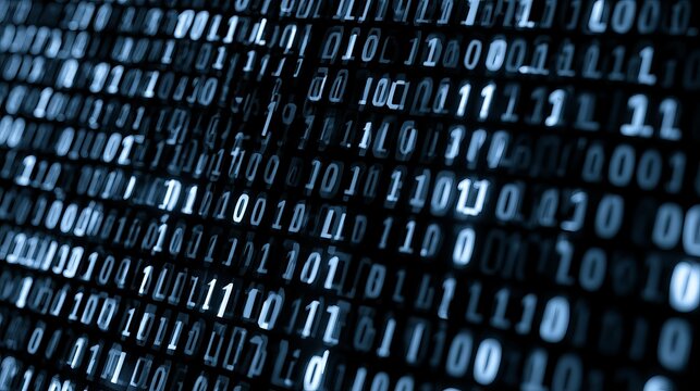 A close-up view of a computer screen displaying a vast array of binary code in a dark and futuristic setting
