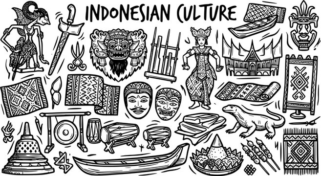 Indonesian Culture Travel Hand Drawn Doodle Line Art Illustration Set with Traditional Symbols, Objects, Food, and Animals