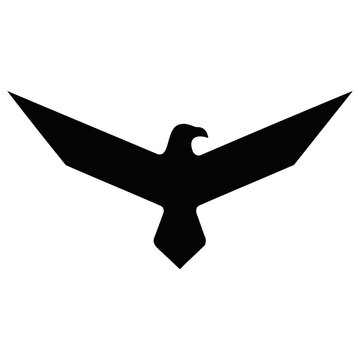 A sleek black silhouette of a flying eagle rendered in clean minimalist line art style, showcasing sharp wings and tail feathers against a plain white background.