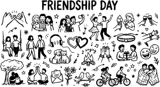 Friendship Day Black and White Hand Drawn Doodle Icons Collection: Lifestyle, Relationships, and Celebration Activities Sketch Set