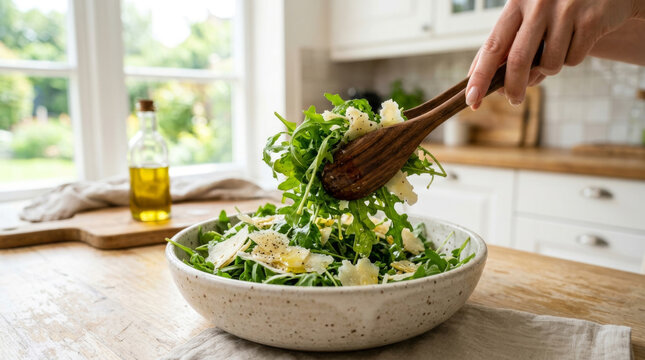 A close-up of a woman tossing a fresh arugula salad with wooden utensils in a bright kitchen setting.
