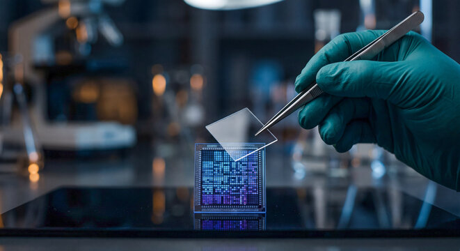 Microelectronics engineer hand in a glove holding a small transparent glass microchip or processor with tweezers in a laboratory close up