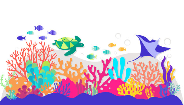 Coral Reef Flat Vector Art of Marine Life Turtle and Fish