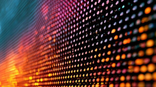 A close-up view of a vibrant LED screen displaying a mesmerizing pattern of colorful lights and dots.