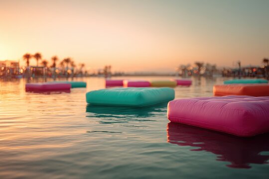 Colorful floating cushions in swimming pool at sunset. Vibrant pool floats during summer vacation at luxury beach resort. Relaxing atmosphere and leisure concept for holiday travel.