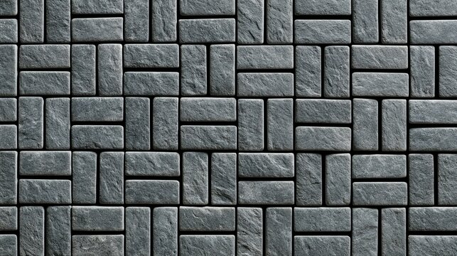 A close-up view of a gray brick wall with a unique staggered pattern