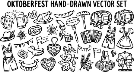 Naklejka premium Oktoberfest Hand-drawn Vector Set. Traditional German Festival Icons, Food Drink, Culture Symbols in Black Line Art Style.