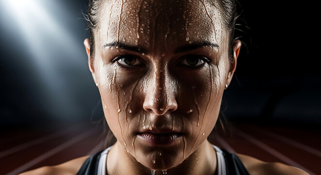 Close-up portrait of a determined female athlete with sweat dripping down her face after an intense workout on a dark track.