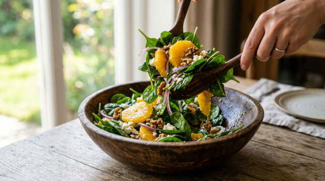 A hand tossing a vibrant spinach salad with oranges and walnuts in a rustic wooden bowl, showcasing healthy cuisine.