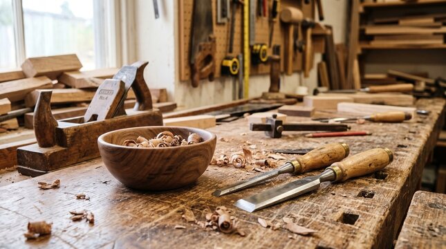 Rustic woodworking workbench with hand tools, vintage carpenter workshop with chisels and wood shavings, traditional joinery craftsmanship scene