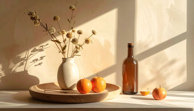 Still life with dried flowers oranges and bottle