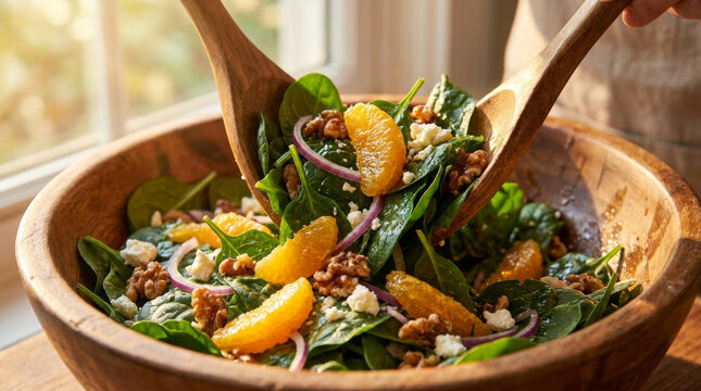 A vibrant spinach salad with oranges, walnuts, and feta, being tossed in a wooden bowl, showcasing fresh ingredients and sunlight.