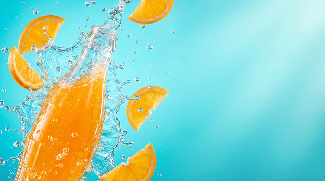 Glass bottle of sparkling orange soda exploding through water splash with floating citrus slices, tropical beverage advertising, carbonation bubbles refreshing summer drink premium product photography
