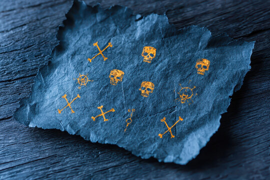 Ancient treasure map featuring cursed symbols and skulls, evoking sense of mystery and adventure