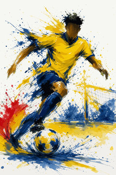 Ecuador national football team wallpaper, banner, poster, background. Ecuador national team colors on dynamic soccer player kicking a ball with watercolor paint splatters