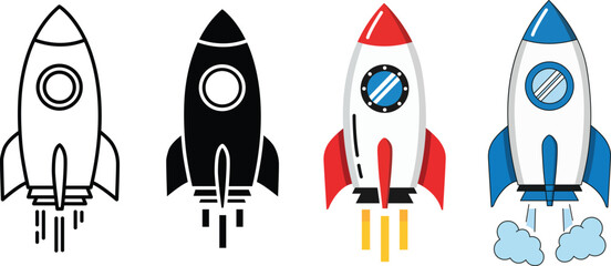 Set of four rocket ship icons in outline silhouette and color styles for space launch designs. © Gopal