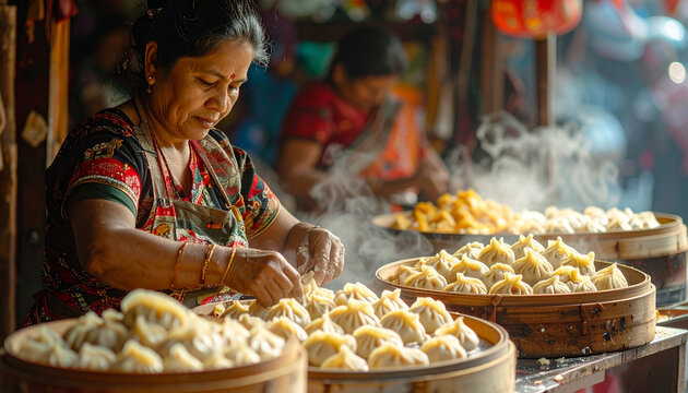 Elderly woman preparing fresh dumplings