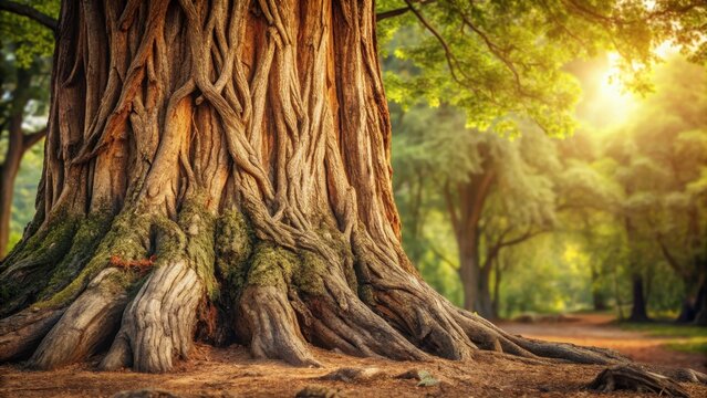 Ancient tree trunk with rough bark and gnarled branches