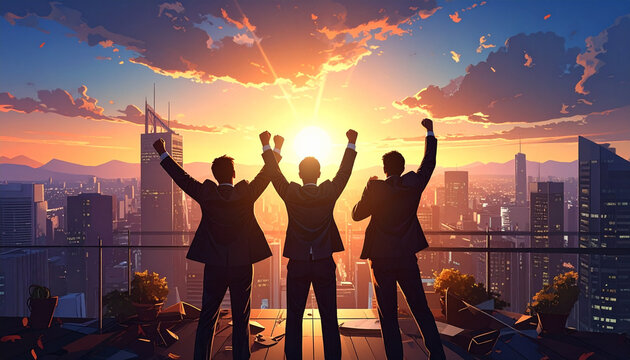 Three businessmen celebrating on a rooftop at sunset