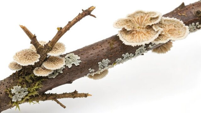 Fungal growth on dry twig against white background