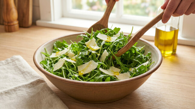 A close-up of a fresh salad being tossed with wooden utensils, highlighting bright arugula and shaved cheese.