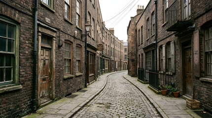 Fototapeta premium Narrow cobblestone street lined with old brick buildings in historic urban area.