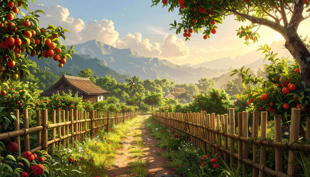 Sunlit garden path mountain view