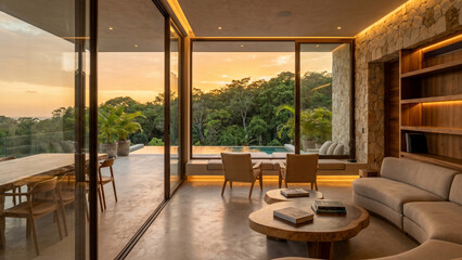 Fototapeta premium Luxury Tropical Living Room with Panoramic Forest View and Infinity Pool