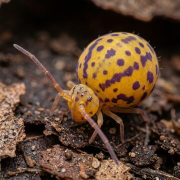 Macro portrait of yellow globular springtail with purple spots on leaf