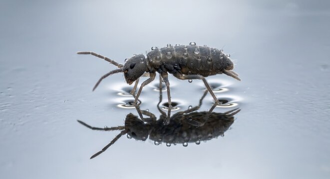 Elongate springtail standing on water surface with dew droplets and reflection