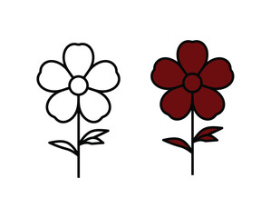 Fototapeta premium Comparison of outline flower and colored dark red flower illustration