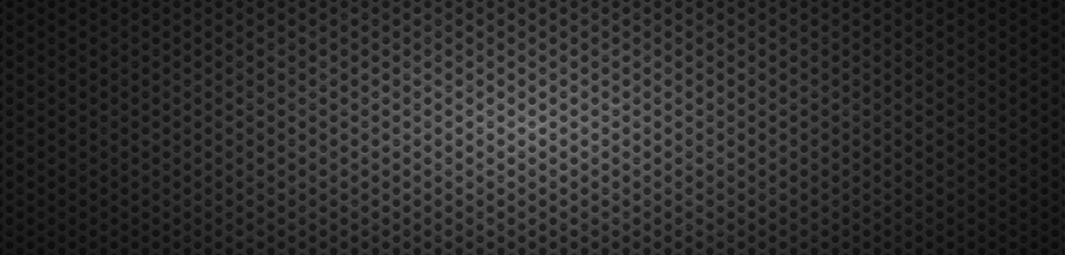 Perforated metal grille background dark black steel gradient center.