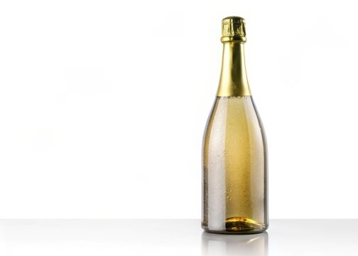 Empty champagne bottle with sediment at the bottom on a pristine white background