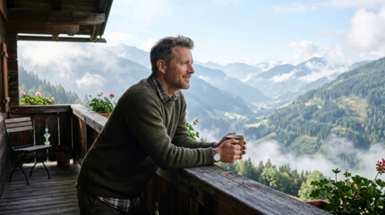 Fototapeta premium A contemplative middle-aged Caucasian man enjoys the serene mountain view while sipping a warm beverage on a cozy balcony.